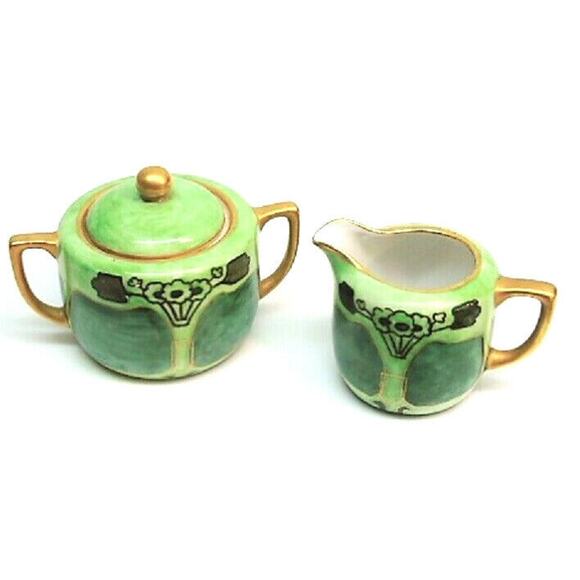 VTG Noritake Morimura CREAMER & SUGAR BOWL + LID Handpainted Green Gold JAPAN! - Picture 1 of 8